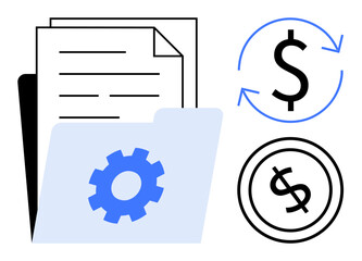 Obraz premium Document folder with settings gear, dollar sign in circular arrows, and coin outline. Ideal for finance, organization, data workflow, investment, accounting, business management payment systems