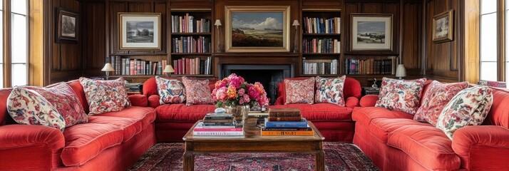 Luxurious red velvet seating area with a wood-paneled library-style fireplace