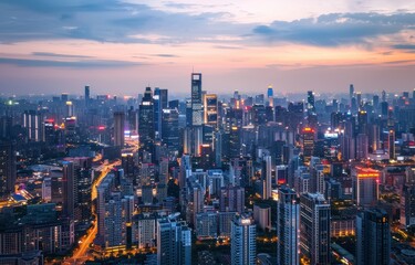 Aerial view of a vibrant city skyline at dusk.