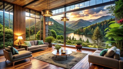 Fototapeta premium Luxurious Living Room with Mountain View