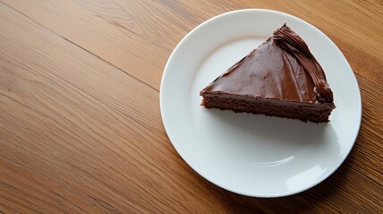Single Slice of Dark Chocolate Cake on Wooden Table