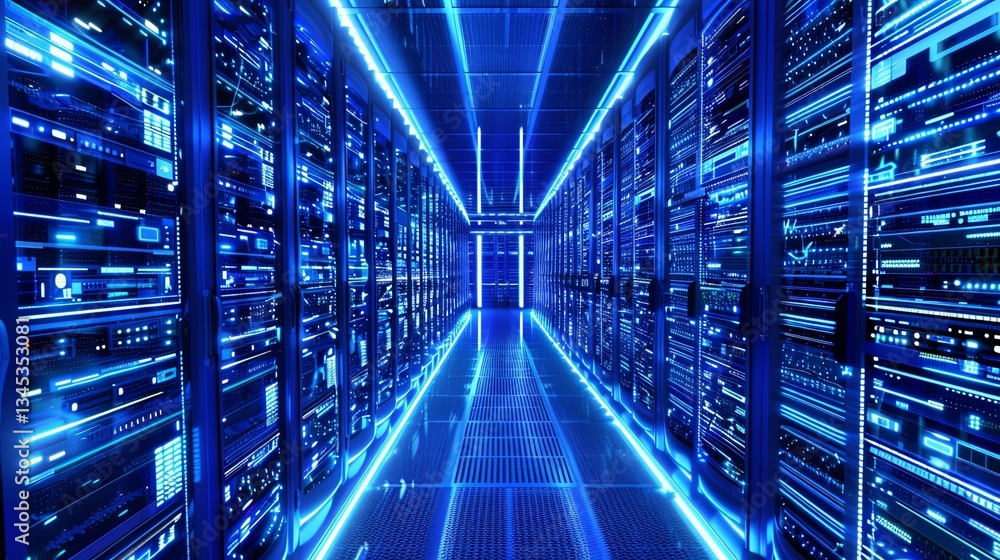 Poster exploring a high-tech digital data center featuring illuminated server racks and advanced technology
