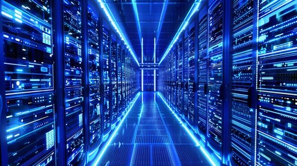 Exploring a high-tech digital data center featuring illuminated server racks and advanced technology Generative AI