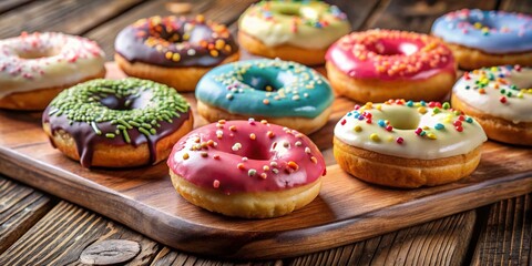 Delicious Glazed Doughnuts, Assorted Flavors & Sprinkles, Sweet Treats, Bakery Pastry, Food Photography