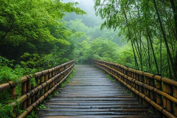 Obraz premium A Wooden Bridge Extends Through Lush Green Vegetation In A Forest