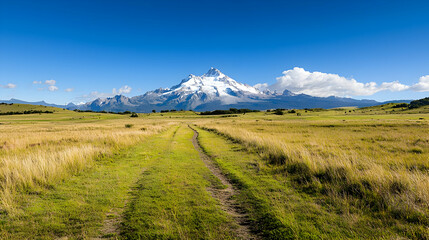 Panoramic View Of Snowy Mountain And Green Field Under Blue Sky In Daylight