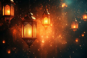 Obraz premium Ornate glowing lanterns suspended in an atmospheric luminous environment