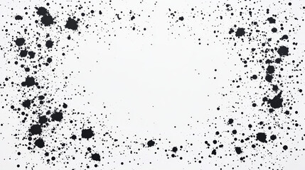 Fototapeta premium Abstract black ink splatter pattern on white background, creating dynamic and artistic border effect. scattered ink spots vary in size, adding sense of movement and creativity to composition
