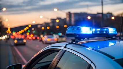 close up Police car with glowing blue emergency lights in an urban environment during evening hours with copy space, highlighting law enforcement