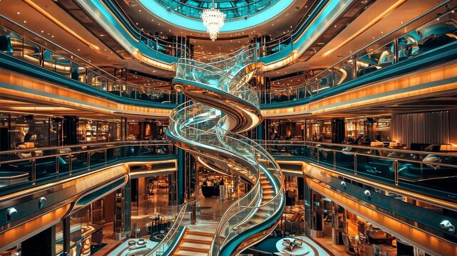 Luxury cruise ship atrium with grand chandelier and elegant seating areas, modern interior design creating welcoming and sophisticated atmosphere