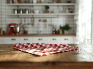 Red checkered cloth on a rustic kitchen table.