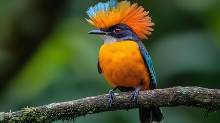Rare Amazonian Royal Flycatcher perched on a low branch its magnificent crest fanned out in a dazzling display