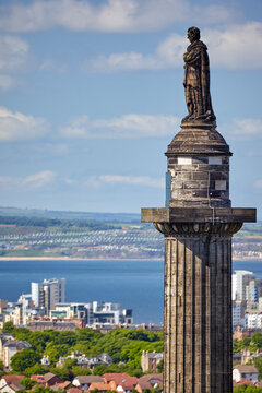 The view of top of Melville Monument on the Firth of Forth background. Edinburgh, Scot-land