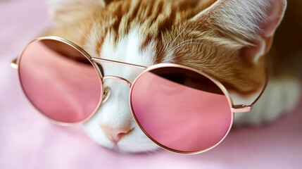 cat wearing stylish round sunglasses with pink lenses lies on soft pink surface, exuding cool and relaxed vibe