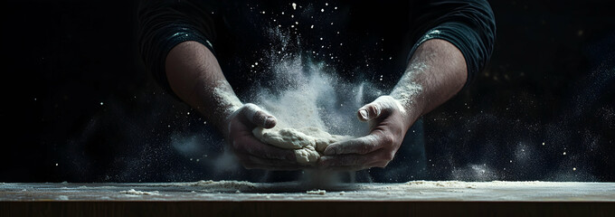 Hands Kneading Dough Surrounded By Flour In A Dimly Lit Kitchen Setting, Focusing On The Texture Of The Dough And The Ingredients Used.  A  Warm, Homey Atmosphere.  Artisan Bread