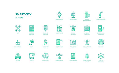 Urban smart city future concept innovation architecture smart system filled line icon set