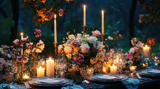 Beautifully decorated wedding reception table with candles, elegant floral arrangements, romantic lighting, luxurious setup for a magical evening celebration.