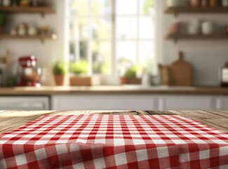 Cozy kitchen with checkered tablecloth on wooden counter.