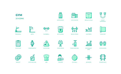 gym fitness healthy training bodybuilding workout filled line icon set