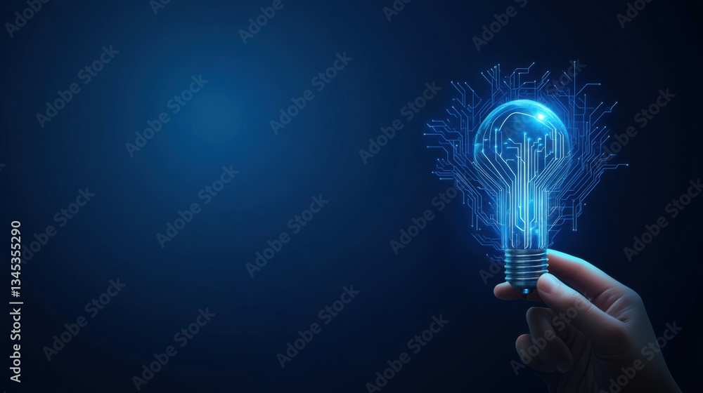 Poster hand holding glowing light bulb with circuit design representing innovation and technology on dark b