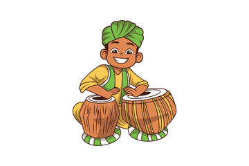 Indian Kids Characters Playing Drum