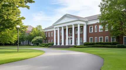 Elegant Academic Building with Classical Architecture Surrounded by Lush Greenery and Blue Sky