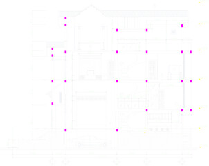 Vector sketch illustration of architectural design view and section of classic vintage house building with scale size