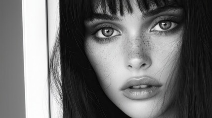 Fototapeta premium Black and white portrait of a person with long dark hair and freckles