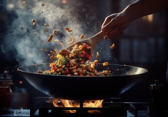 Chef stirring vibrant stir-fry in a sizzling hot wok.