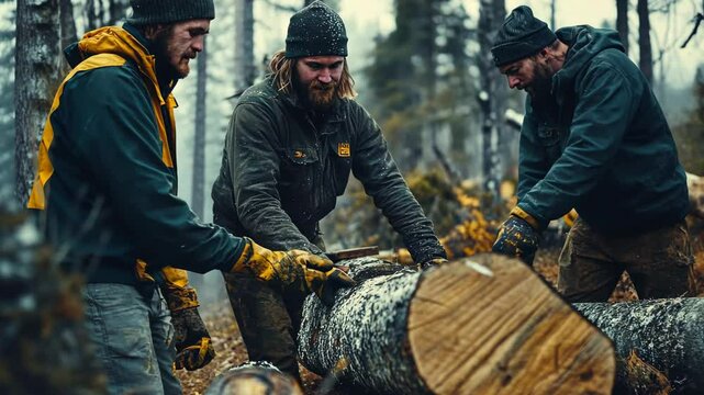 team of forest workers stacking timber logs, vibrant natural surroundings, dynamic forestry process, hardworking and engaging, rustic and professional scene