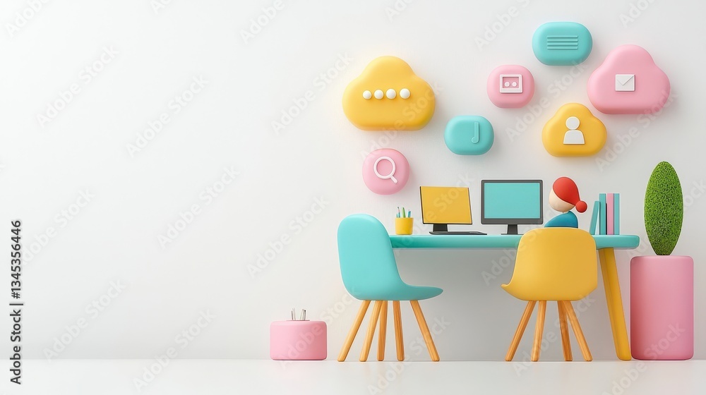 Poster workspace of the future: a vibrant and futuristic workstation with whimsical cloud and icon decor el