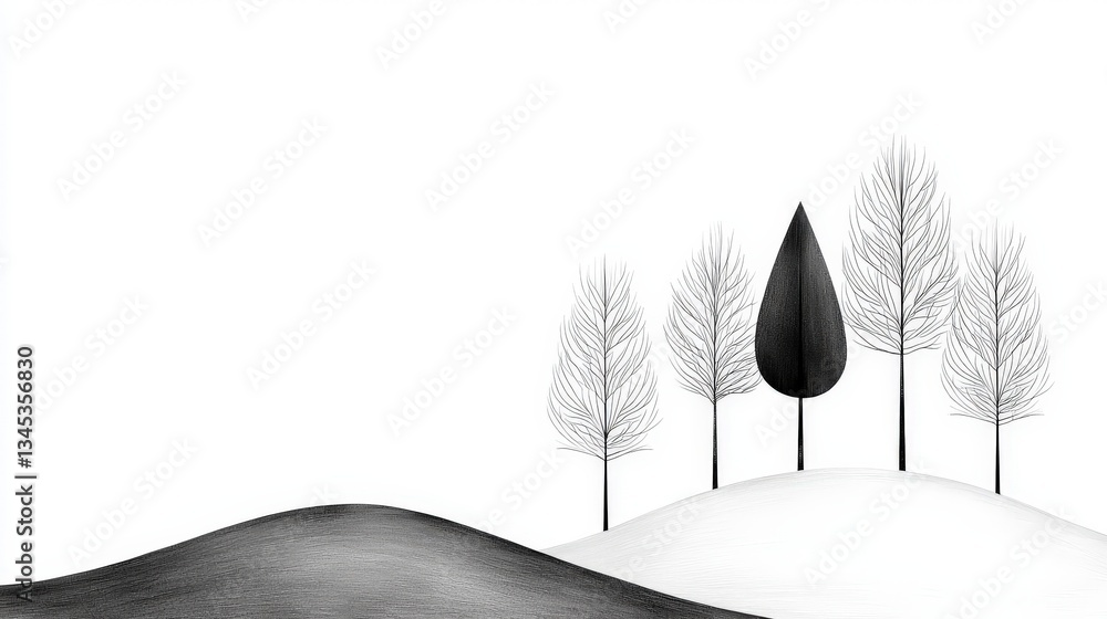 Poster monochrome forest: a minimalist illustration of a forest scene, showcasing contrast with grayscale t