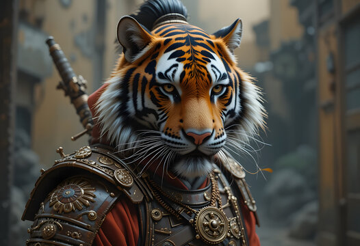 Fashion photograph of samurai tiger generative ai, magazine quality, perfect styling, beauty lighting, ultra sharp detail, 4K resolution