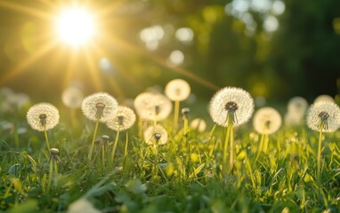 Dandelions glowing in the warm golden sunlight at sunset.