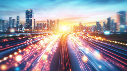 Fototapeta premium vibrant cityscape at sunset with futuristic light trails creating dynamic and energetic atmosphere, highlighting blend of urban architecture and technology
