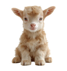Fototapeta premium Adorable Newborn Baby Goat Kid with Beige Fur and Sweet Expression, Front View Portrait of Young Domestic Farm Animal Isolated on Transparent and White Background