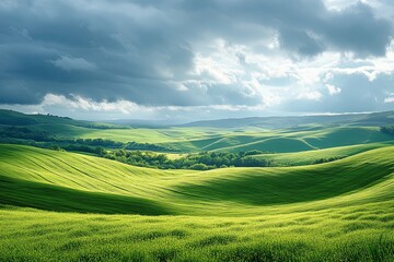 Obraz premium Lush green rolling hills under a dramatic cloudy sky landscape