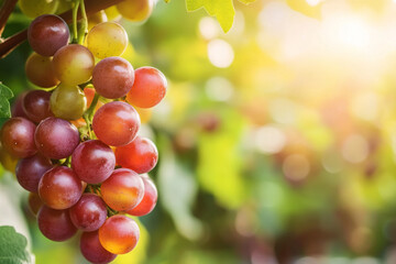 There is a bunch of grapes hanging from a vine with leaves