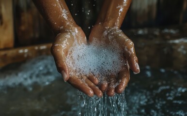 Fototapeta premium Close-up of hands holding soapy water with bubbles.