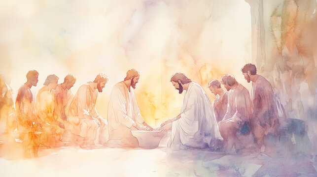 Sacred Christian Art Depicting Jesus Washing the Feet of His Disciples on Maundy Thursday, a Moment of Devotion and Service