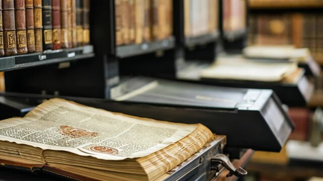 Close-up of modern book scanners capturing every detail of historical texts, the precision of technology preserving invaluable knowledge