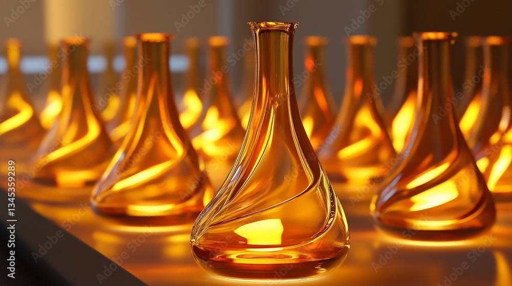 Poster elegant amber vases arrayed in rows reflecting warm light for decoration