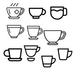 Coffee Cup Line Art Nature Inspired Artistic Coffee Drawing. Cup vector. Set of steaming mugs. Cup of tea, coffee, hot drink. Autumn cozy vibes. Vector isolated on white background. 
