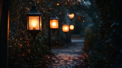 Enchanting Evening: Lanterns Illuminate a Mystical Garden Path at Twilight