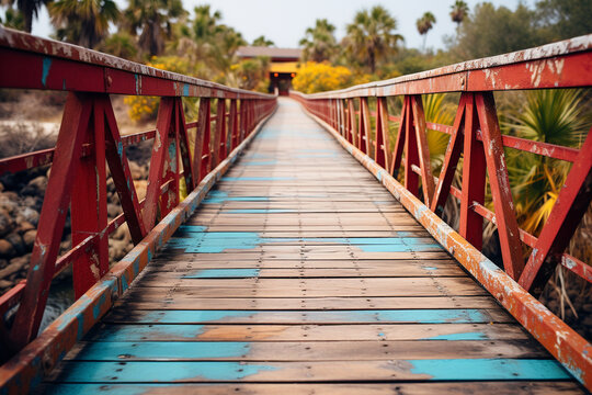 This piece allure of a wooden footbridge that guides individuals to beach, emphasizing its rustic design, pathway it creates to paradise, and excitement and thrill it brings