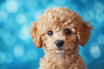 adorable miniature poodle puppy against a vibrant blue backdrop fluffy fur accentuated by soft lighting eyes sparkling with curiosity and playfulness embodying cuteness and joy