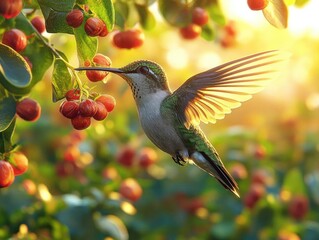 Obraz premium Hummingbird Feeds on Berries at Golden Hour, Wings Spread Wide in Nature's Embrace