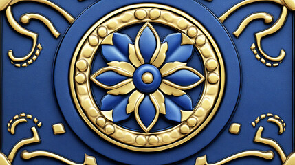 Obraz premium detailed blue and gold ornamental design featuring central floral motif with intricate patterns and decorative elements. design showcases harmonious blend of colors and textures