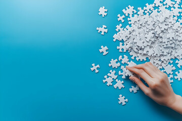 Person's Hand Reaching For White Puzzle Piece On Vibrant Blue Backgrounds, a Creative Activity for the Mind. Focus and Engagement in an Individual Hobby. This activity involves