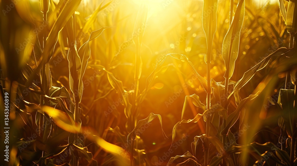 Poster golden sunlight illuminates corn fields showcasing the beauty of organic farming practices during la